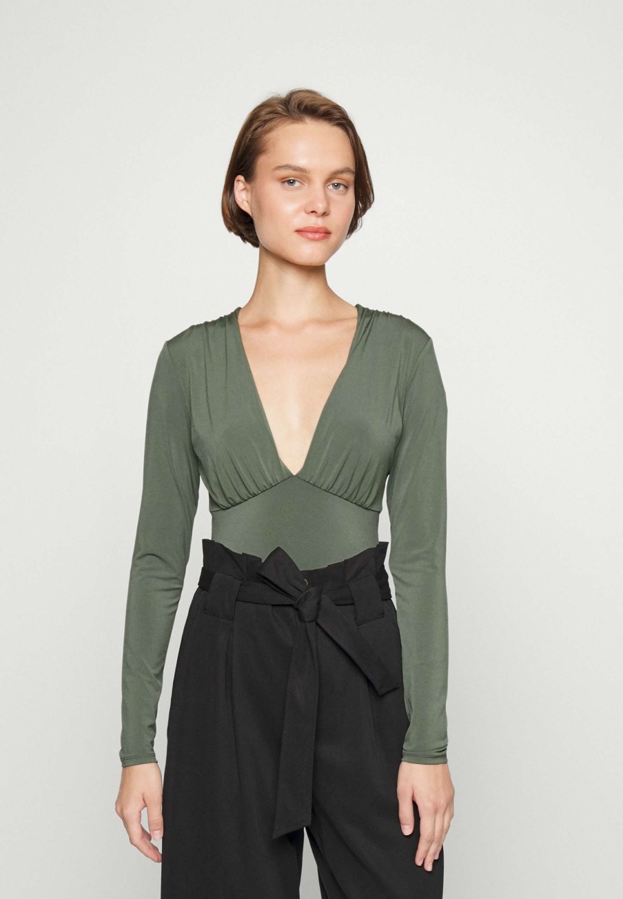 Clothing * | Slinky Deep V Ruched Bodysuit Long Sleeved Top Abercrombie & Fitch Less Expensive